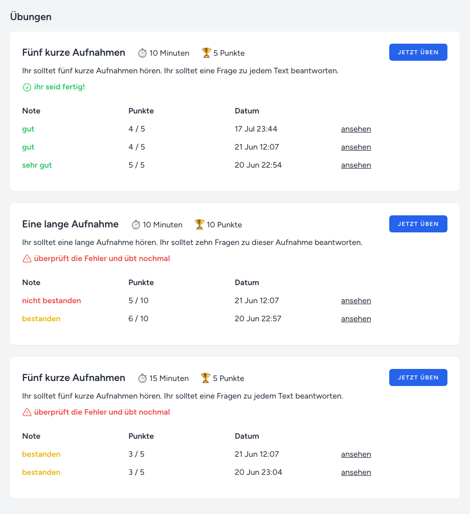 Prüfungsoberfläche